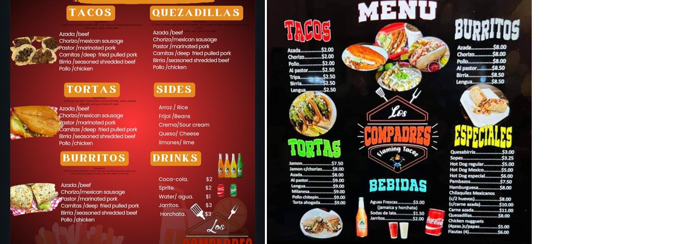 Los Compadres Flaming Tacos Menu