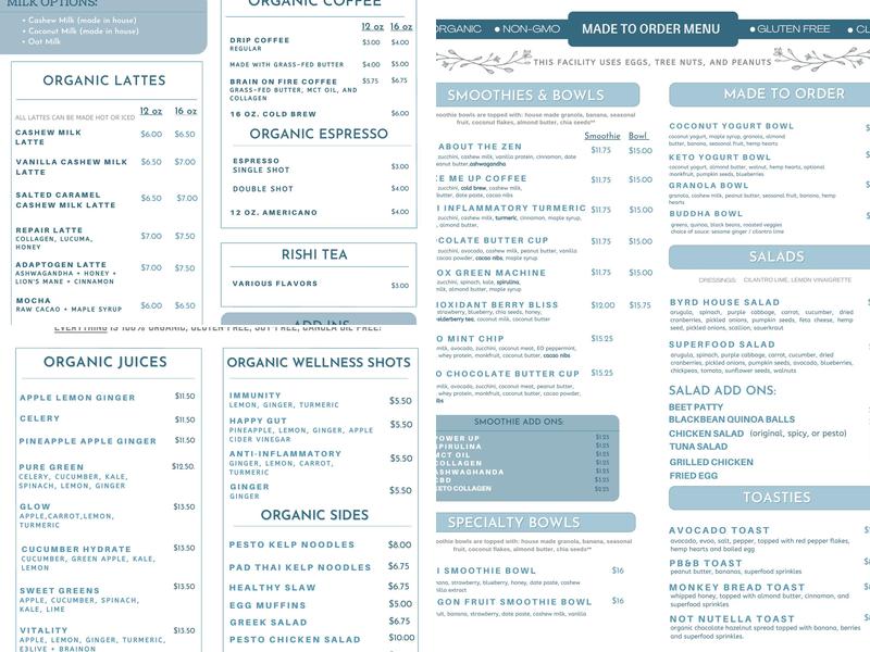 Byrd House Cafe' Menu