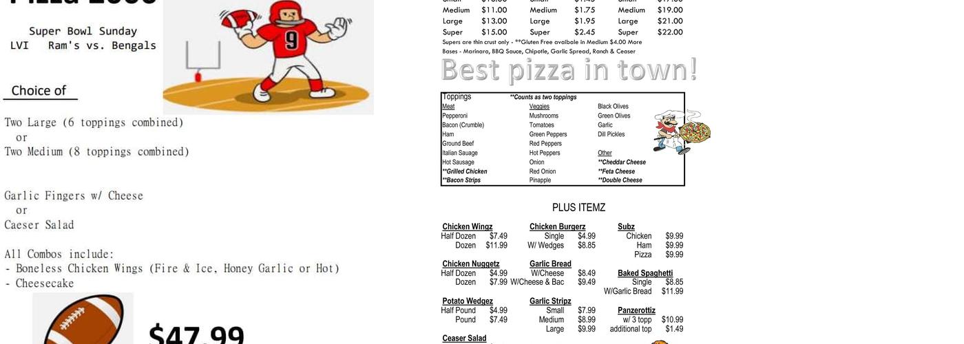Pizza 2000 Plus Menu