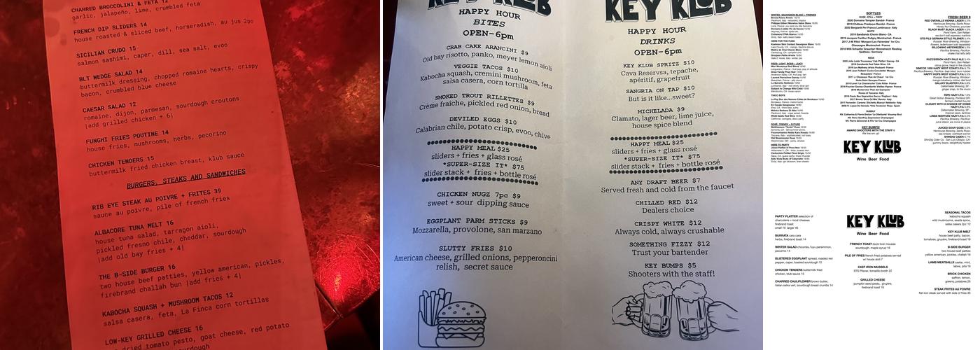 Key Klub Menu