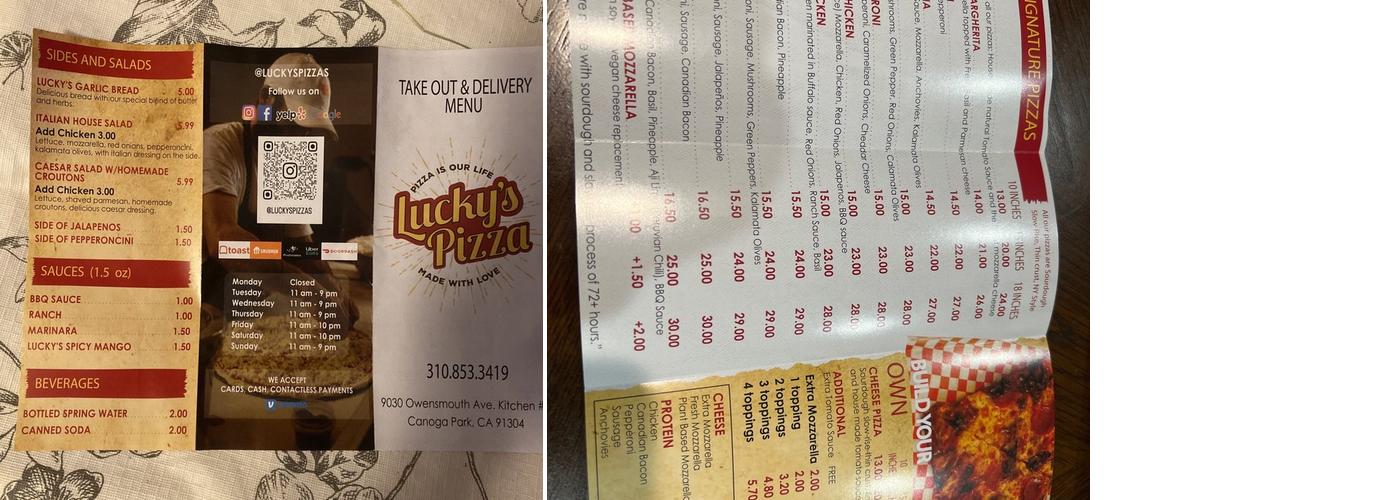 Lucky's Pizza Menu