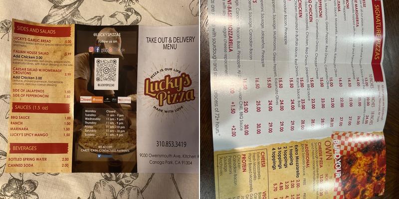 Lucky's Pizza Menu