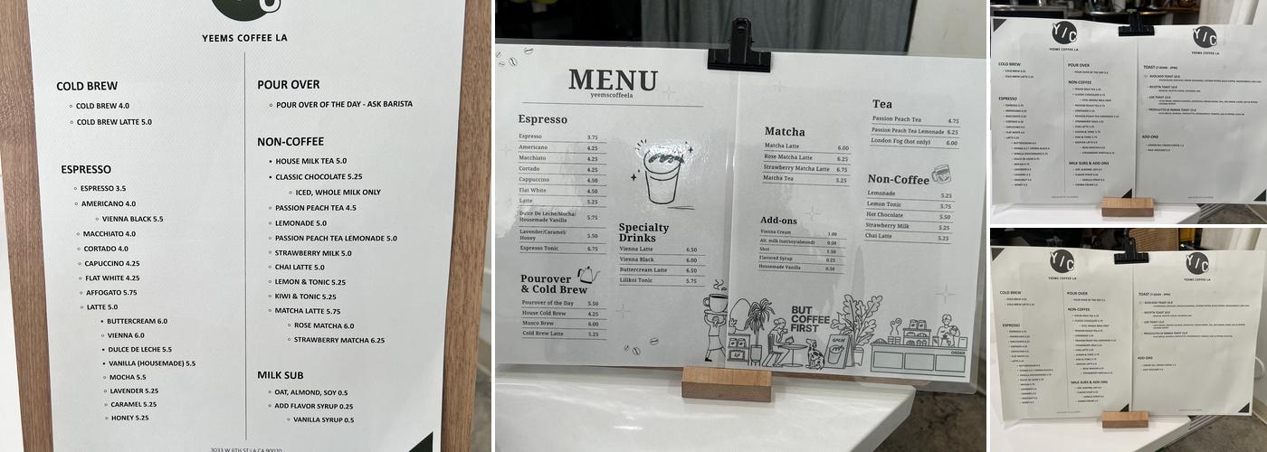 Yeems Coffee Menu