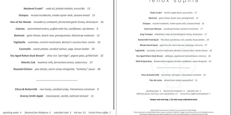 Lenox Sophia Menu