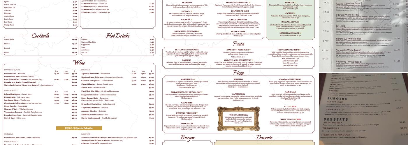 BELLILLO - A Taste of Napoli Menu