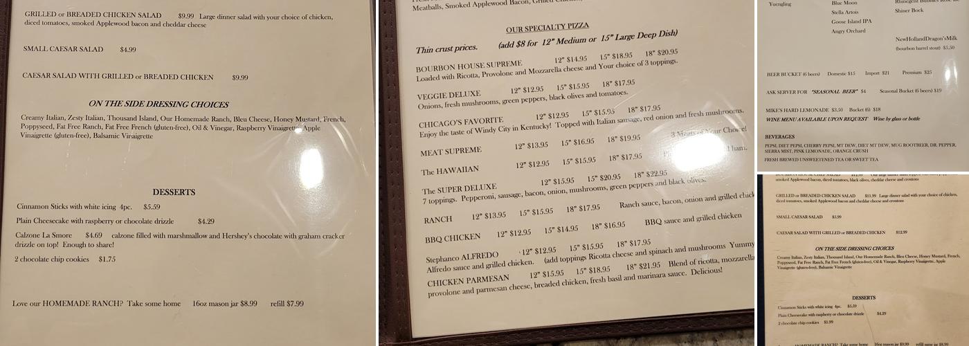 Bourbon House Pizza Menu