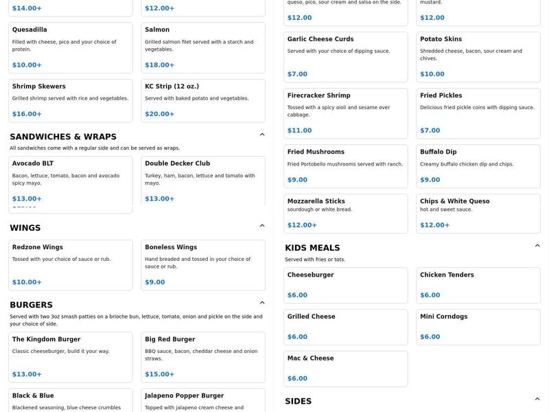 The Kingdom Bar & Grille Menu