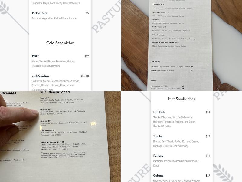 Pasture PDX Menu