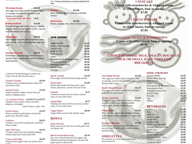 Fortune's Landing Motel | Enderby Restaurant & Pub Menu