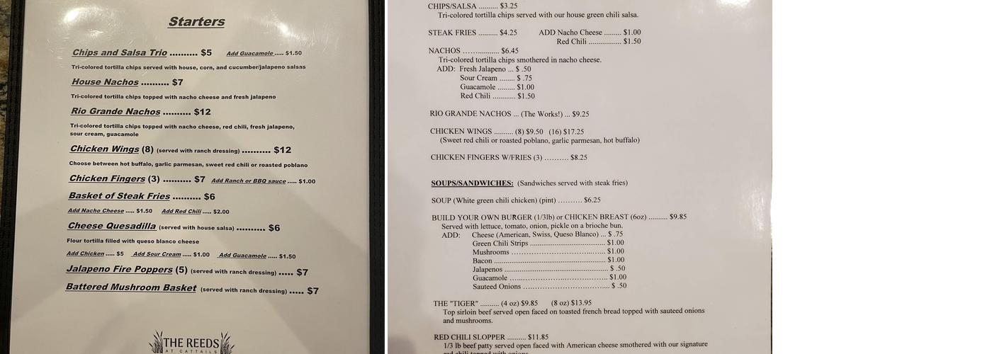 The Reeds at Cattails Menu