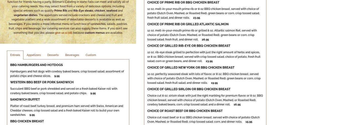Billman's Catering Menu