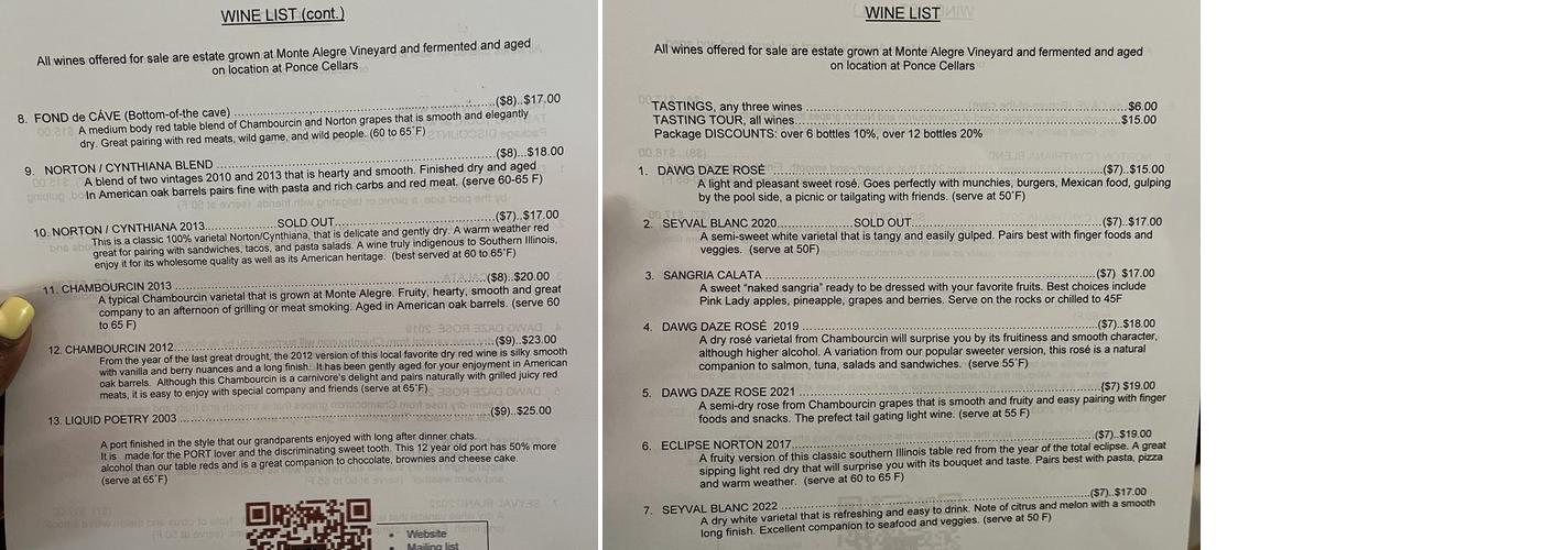 Monte Alegre Vineyard/Cellars Menu