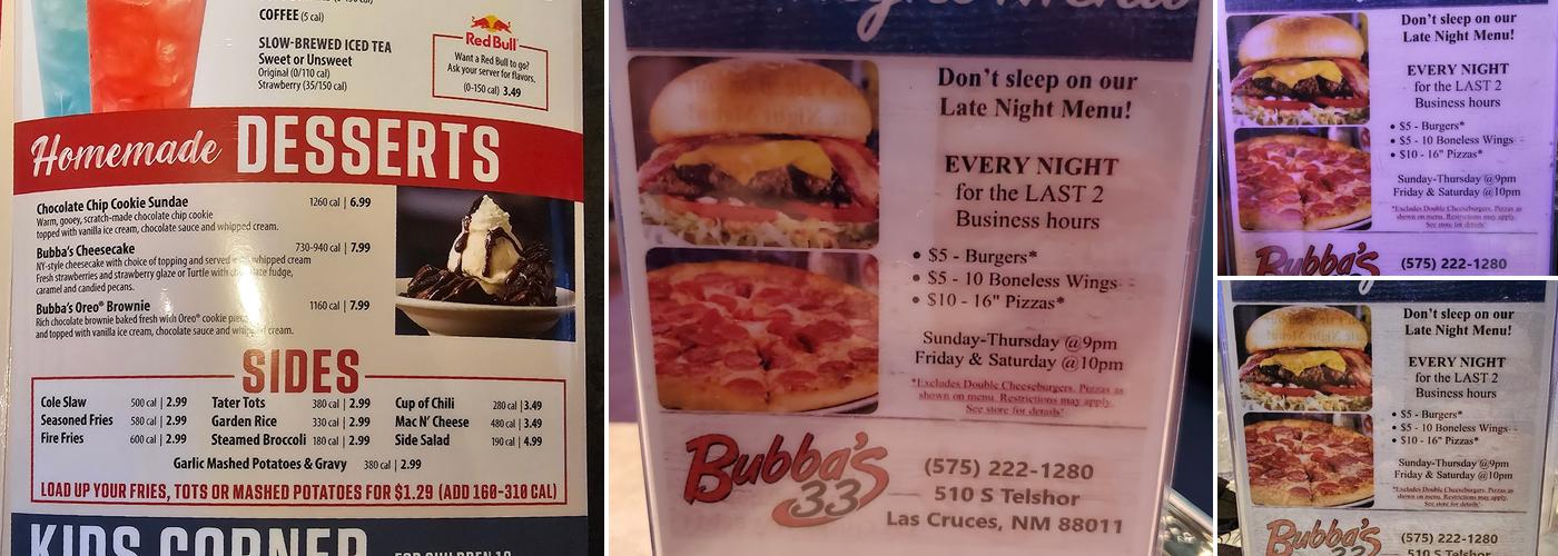 Bubba's 33 Menu