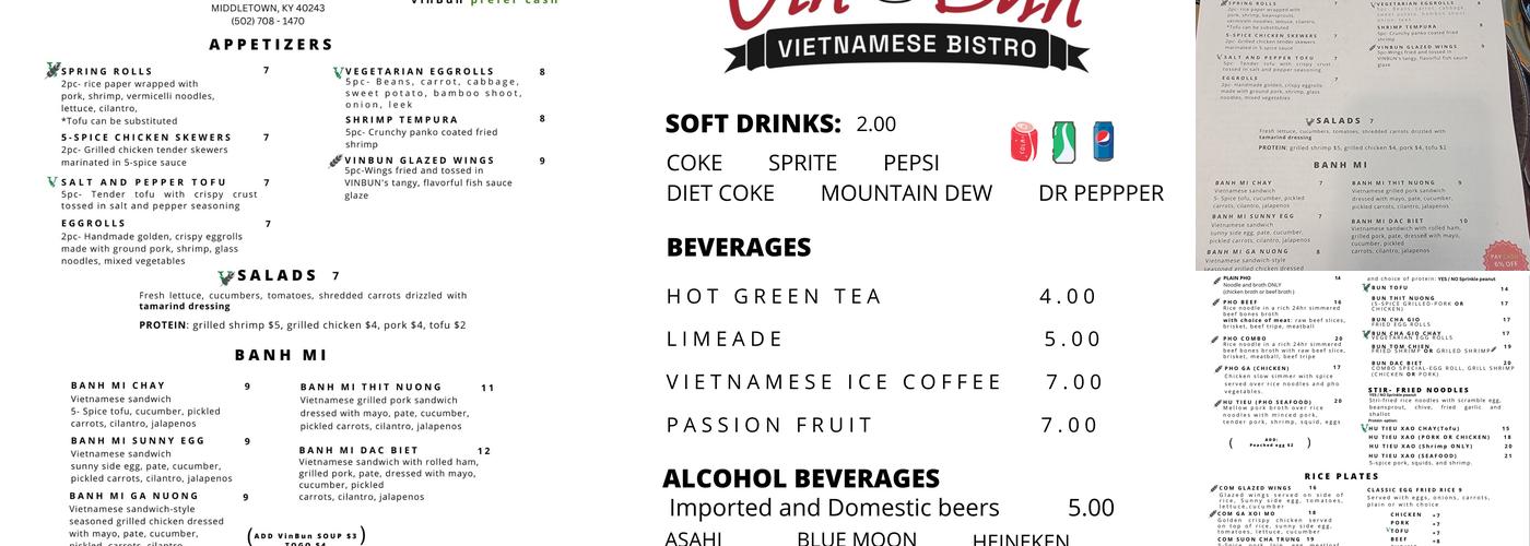 VinBun Vietnamese Bistro Menu