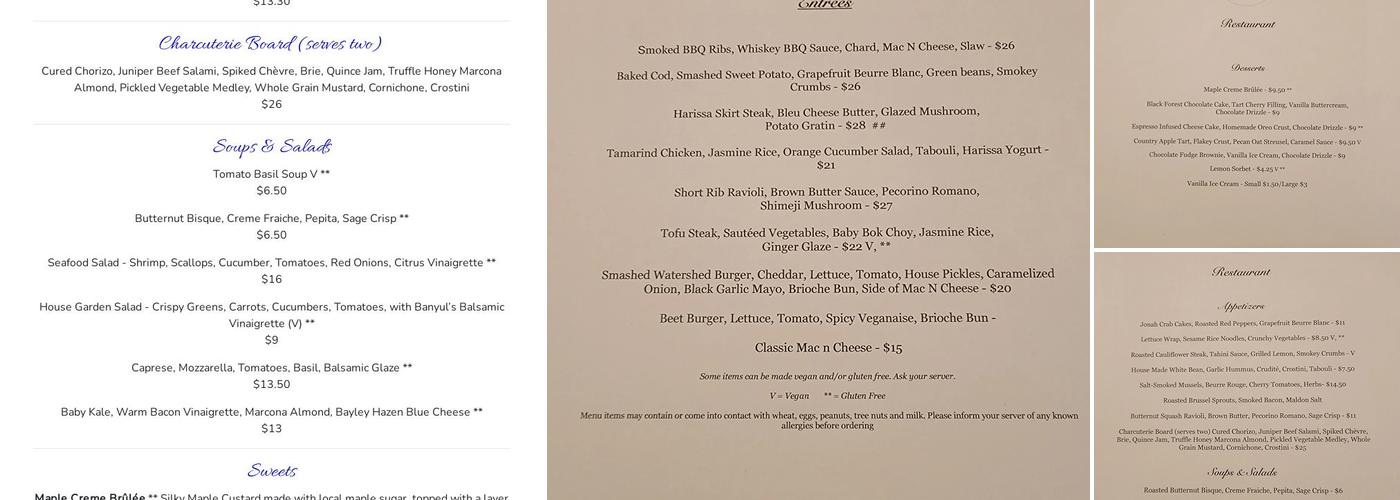 Watershed Restaurant Menu