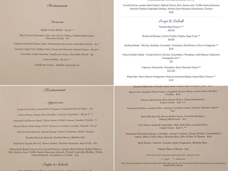 Watershed Restaurant Menu