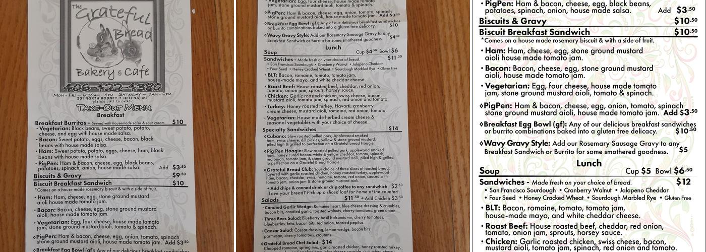 The Grateful Bread Bakery and Cafe Menu