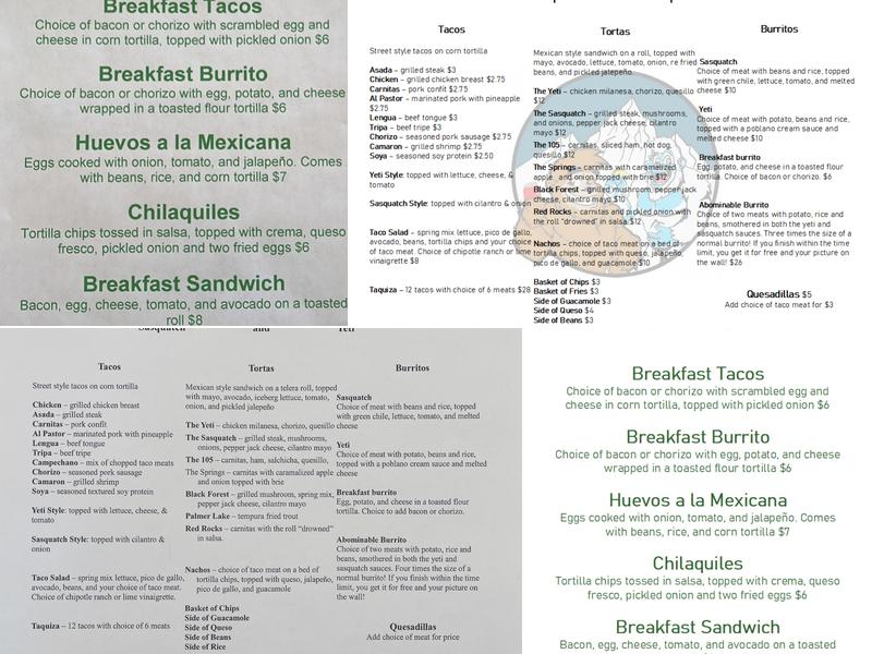 Sasquatch and Yeti Taqueria Menu