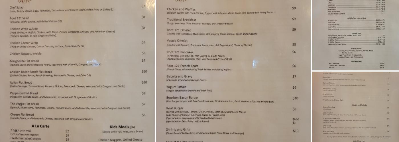 Root 121 Café Menu