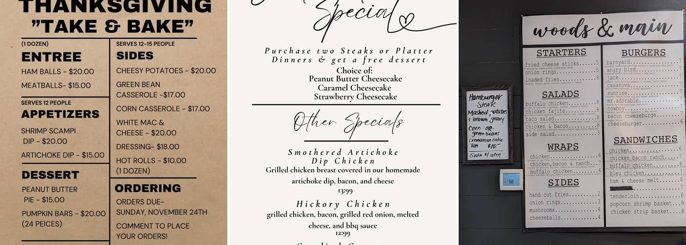 Woods & Main Menu