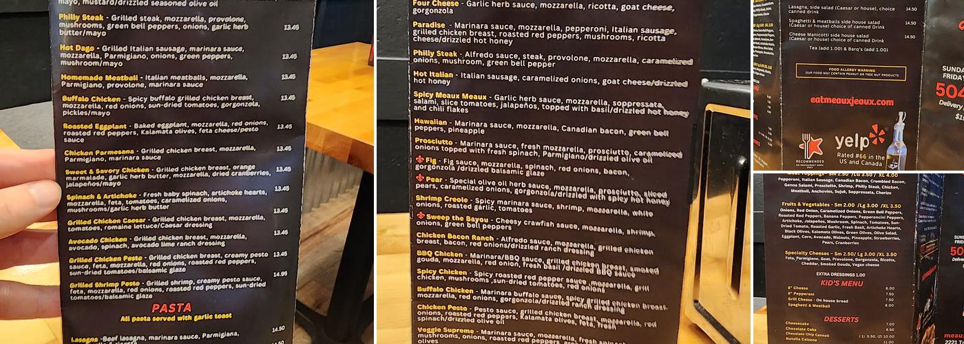 Meaux Jeaux Pizza LLC Menu