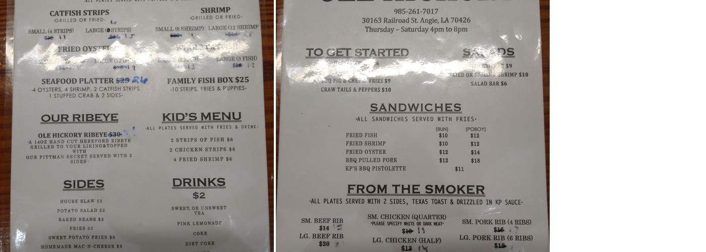 Ole Hickory Menu