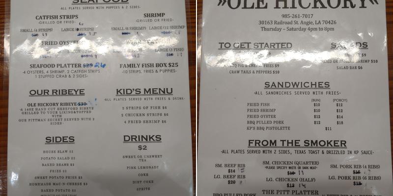 Ole Hickory Menu