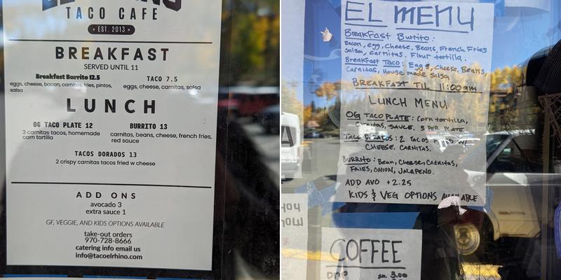 El Rhino Taco Cafe Menu