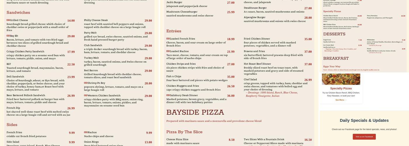 Bayside Diner Menu