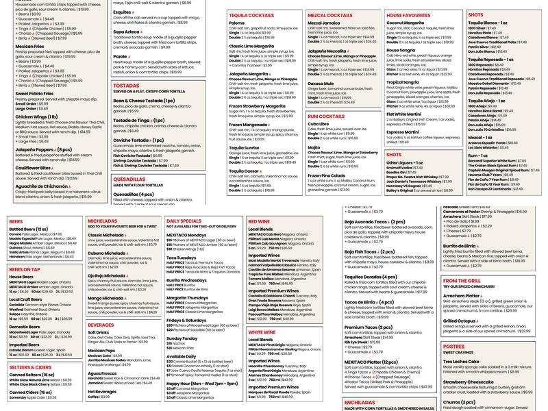 MEXITACO Cantina Menu
