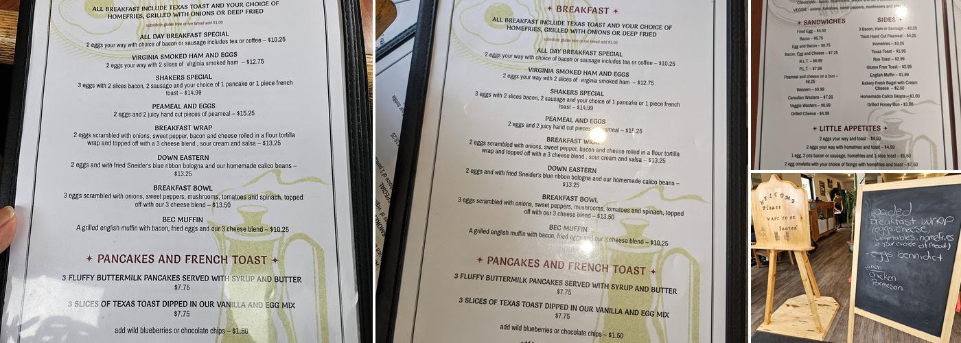 Shakers diner Menu