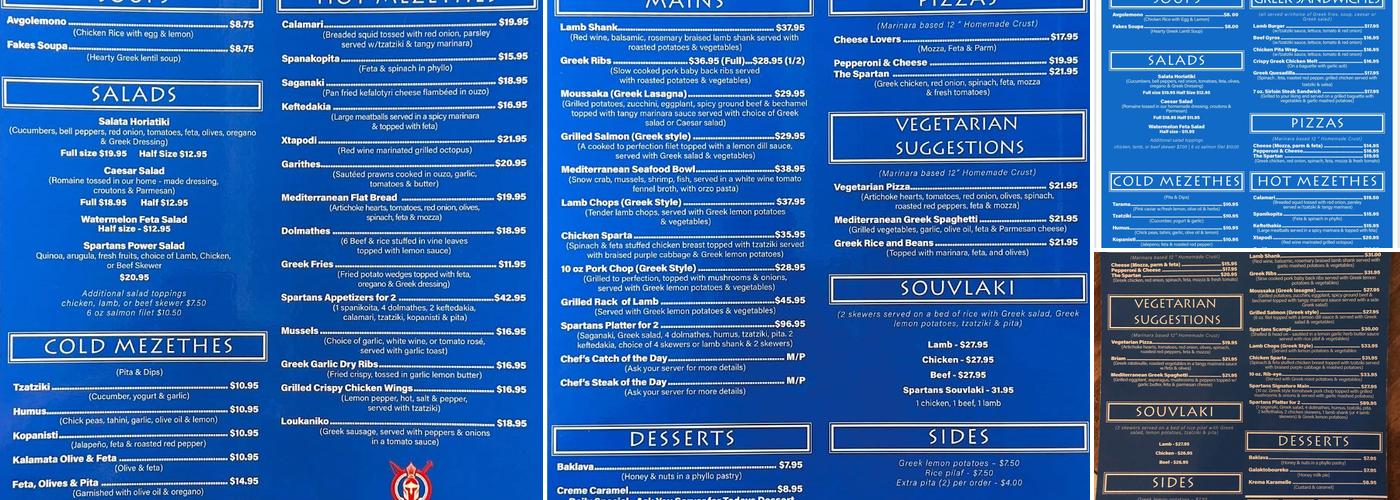 Spartans Greek Taverna Menu