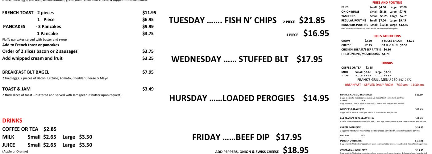 Frank's General Store & Grill Menu