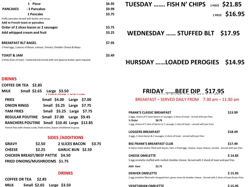 Frank's General Store & Grill Menu