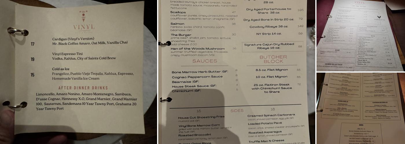 Vinyl Steakhouse Menu