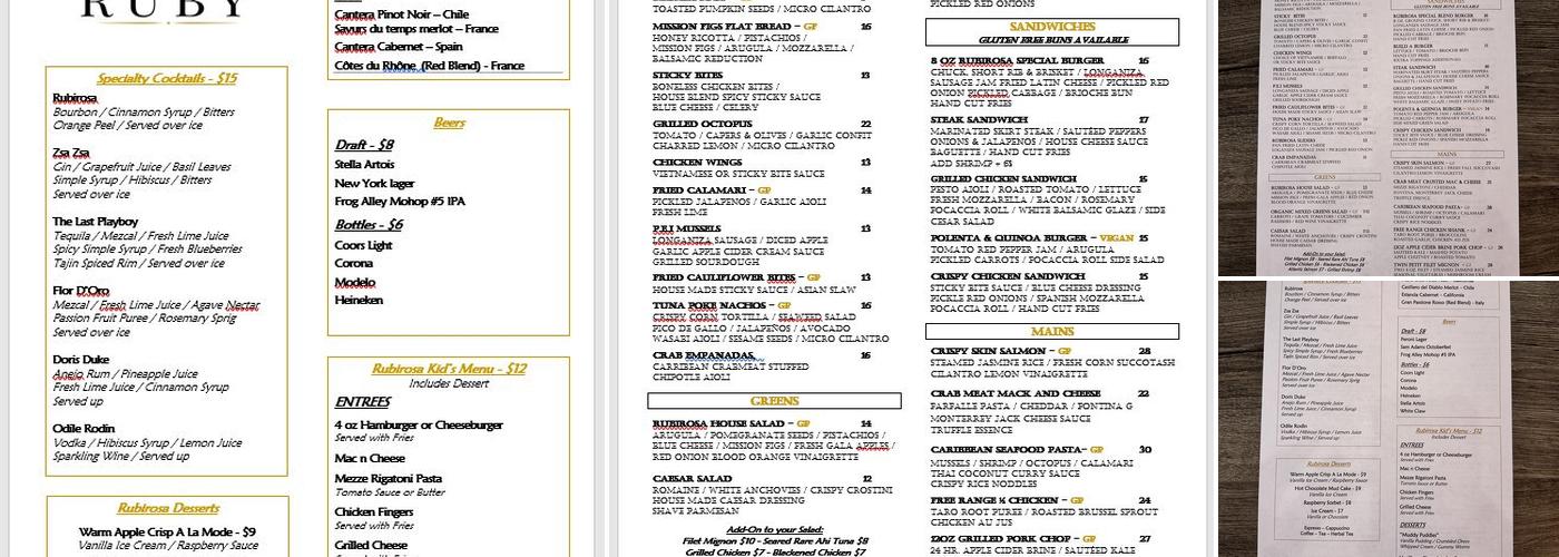 RUBY RESTAURANT & BAR Menu