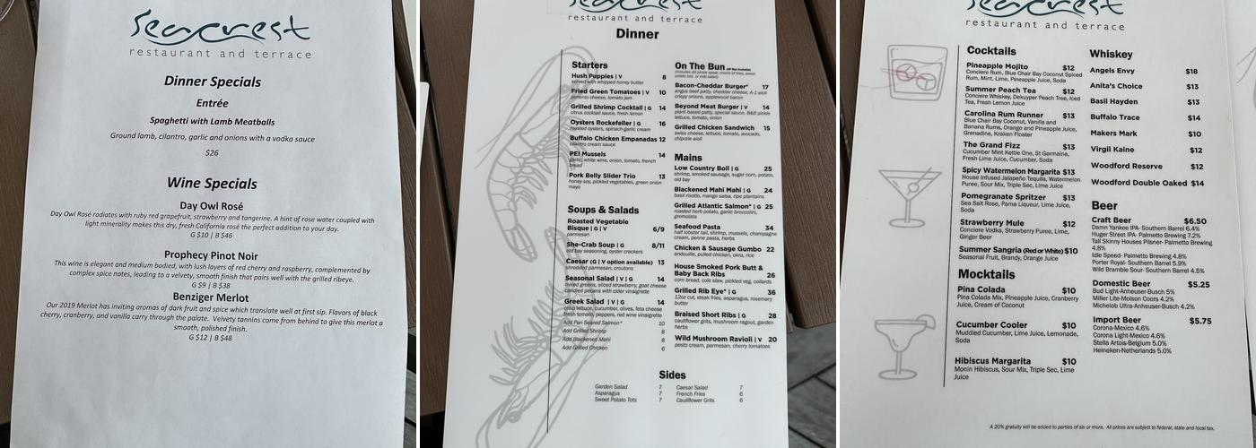 Seacrest Restaurant and Terrace Menu