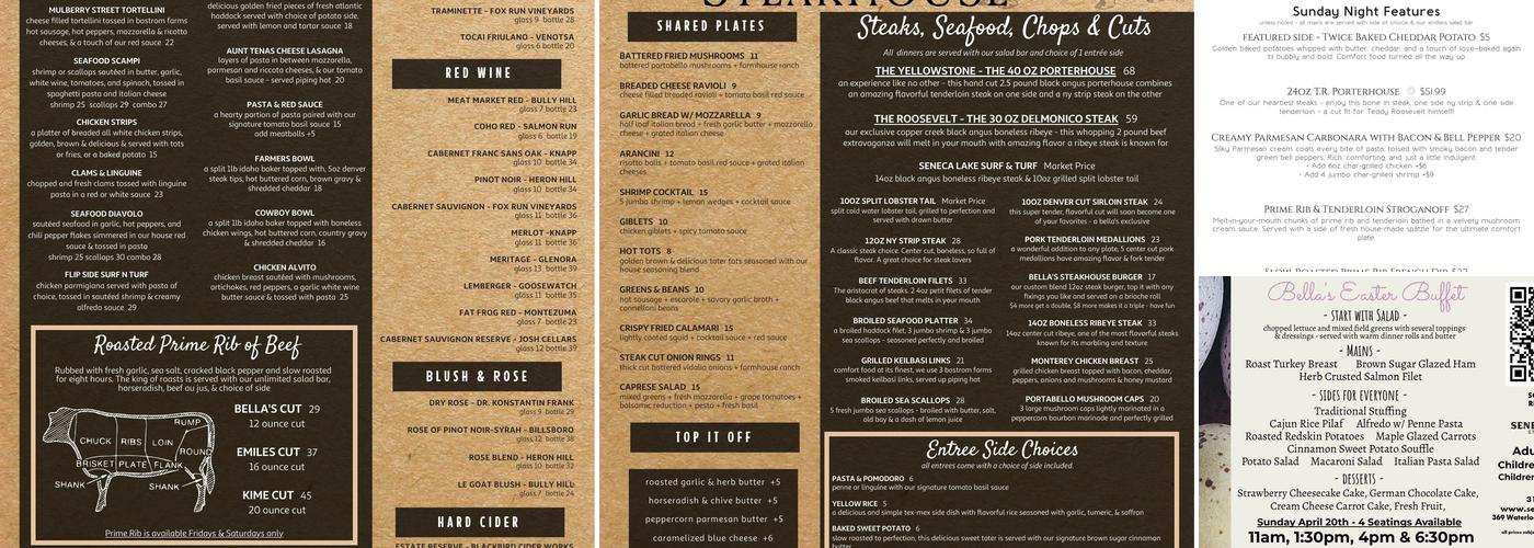 Bella's Seneca Lake Steakhouse Menu