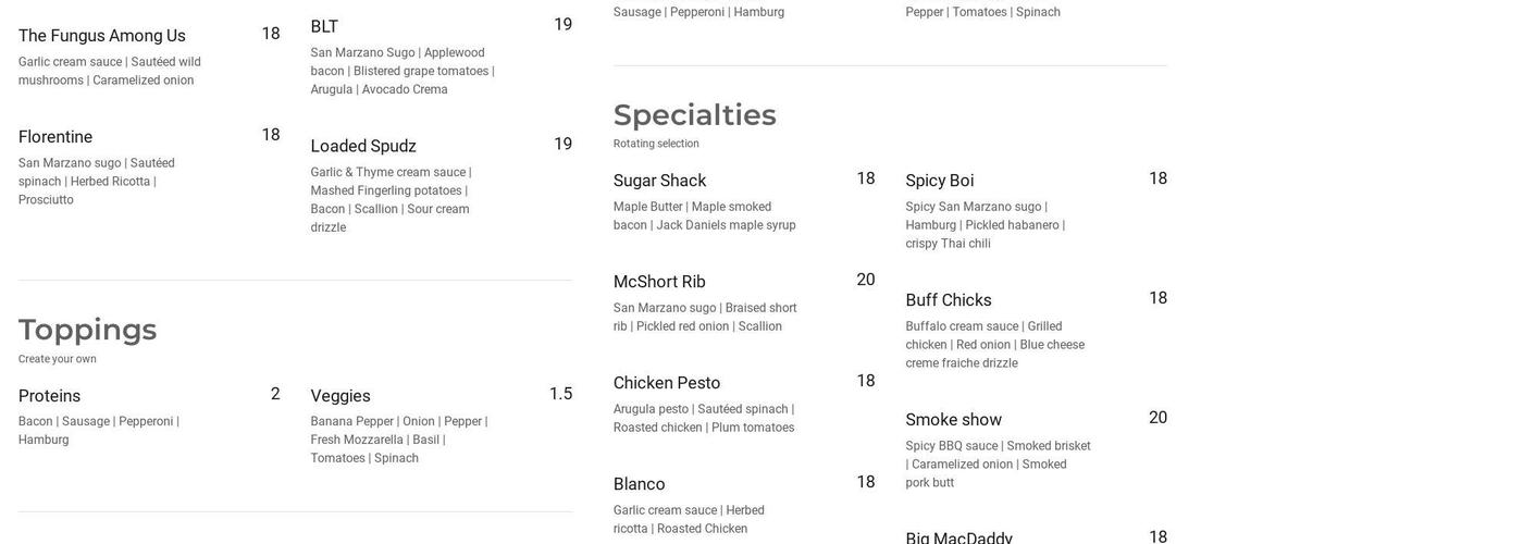 Timber Fire Pizza Menu