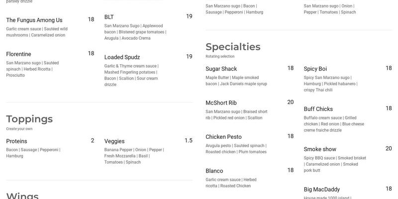 Timber Fire Pizza Menu