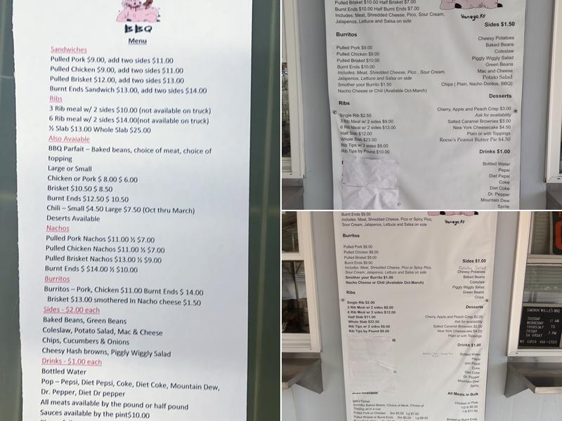 Smokin Willes BBq Menu