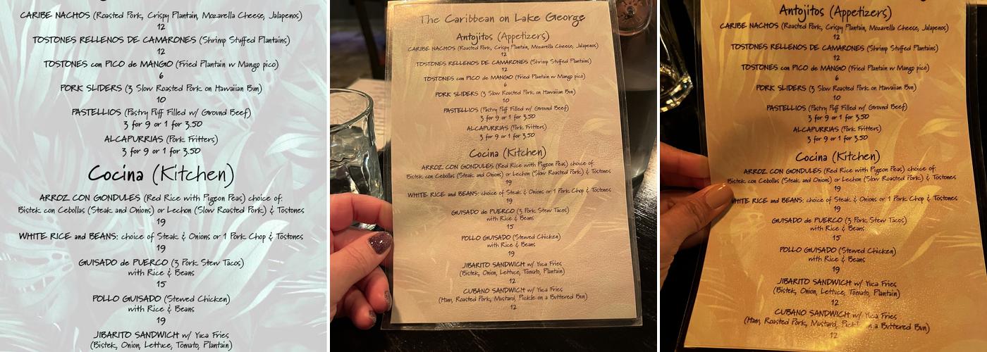 The Caribbean on Lake George Menu