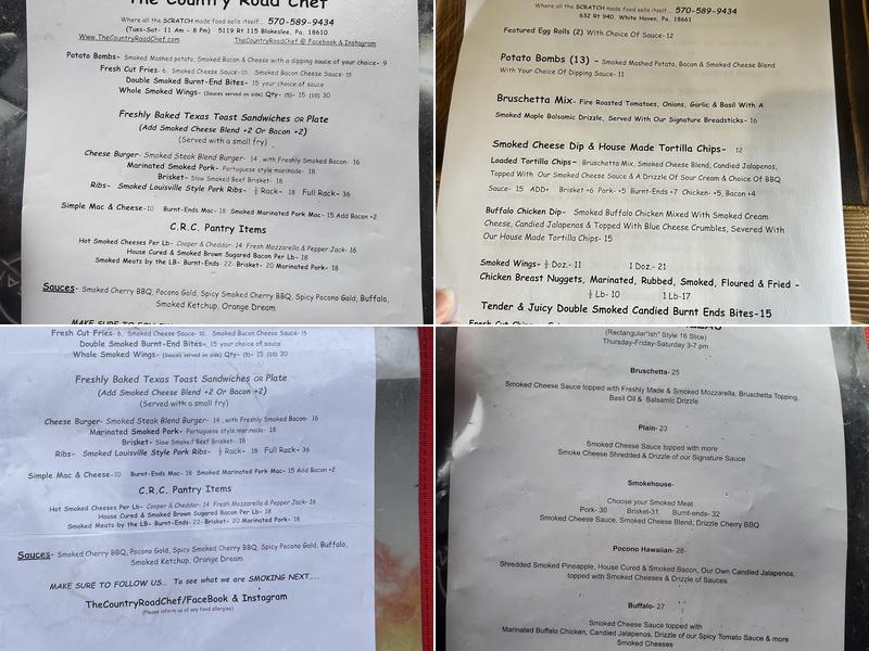 The Country Road Chef Menu