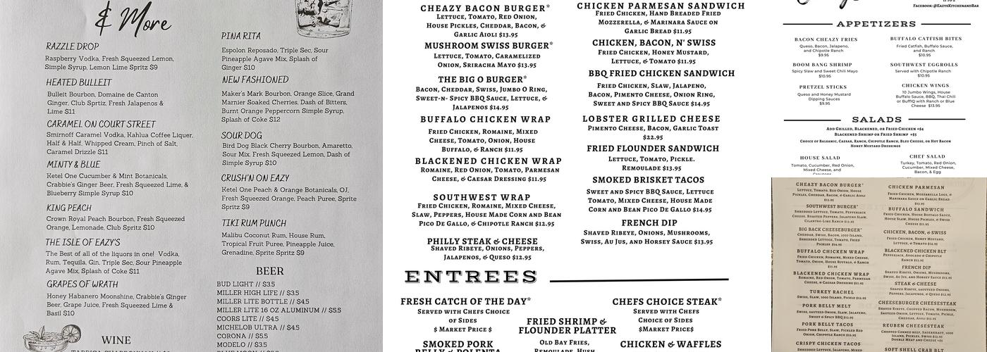 Eazy's Kitchen and Bar Menu