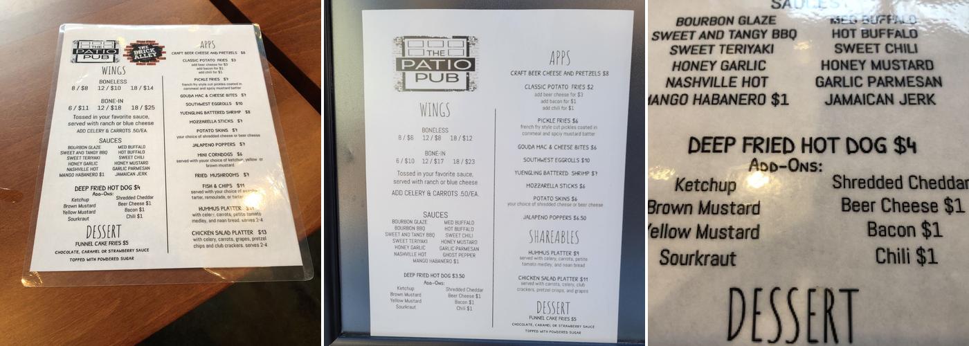 The Patio Pub Menu