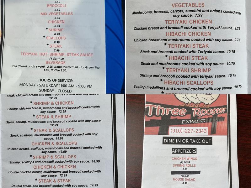 Three Roosters express Menu
