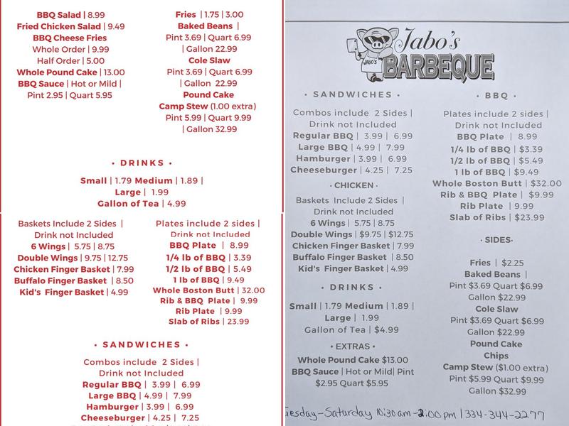 Jabo's Barbeque Menu