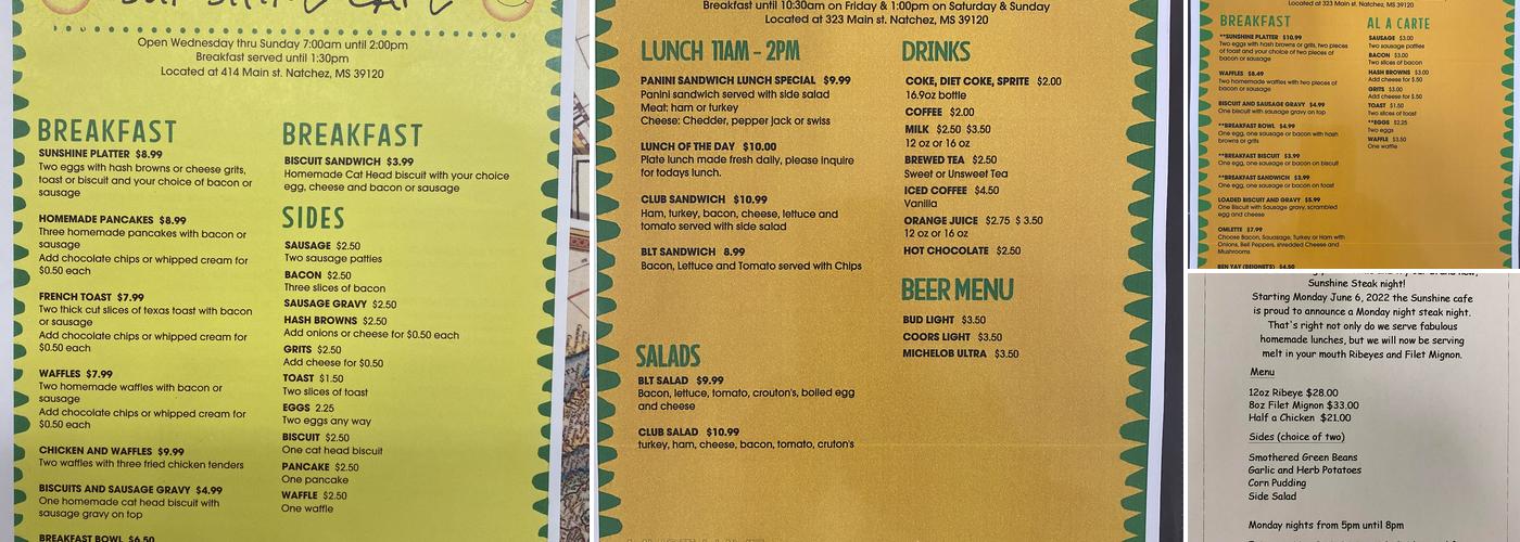 Sunshine cafe Menu