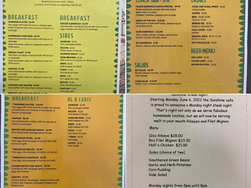 Sunshine cafe Menu