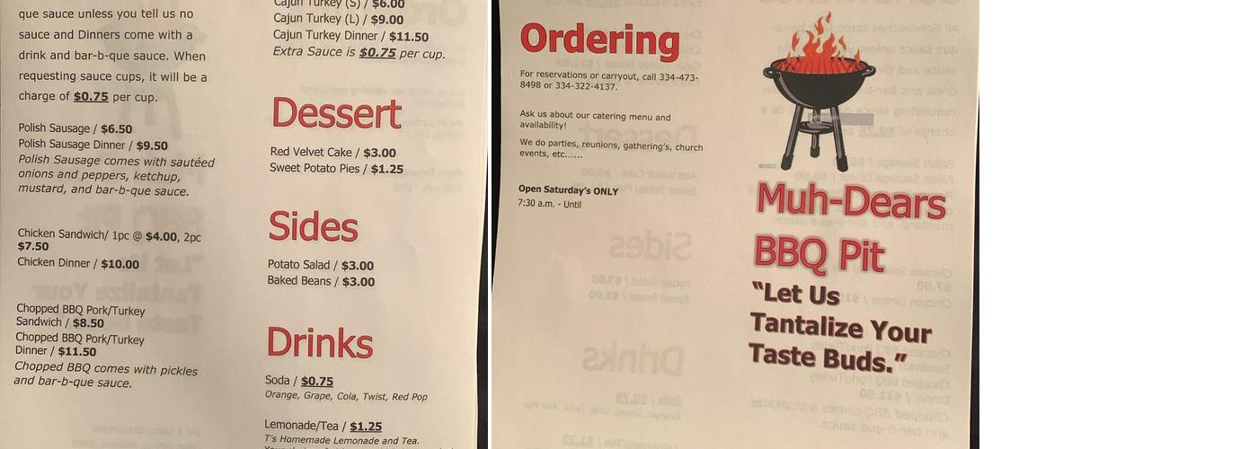 Muh-Dears BBQ Pit Menu